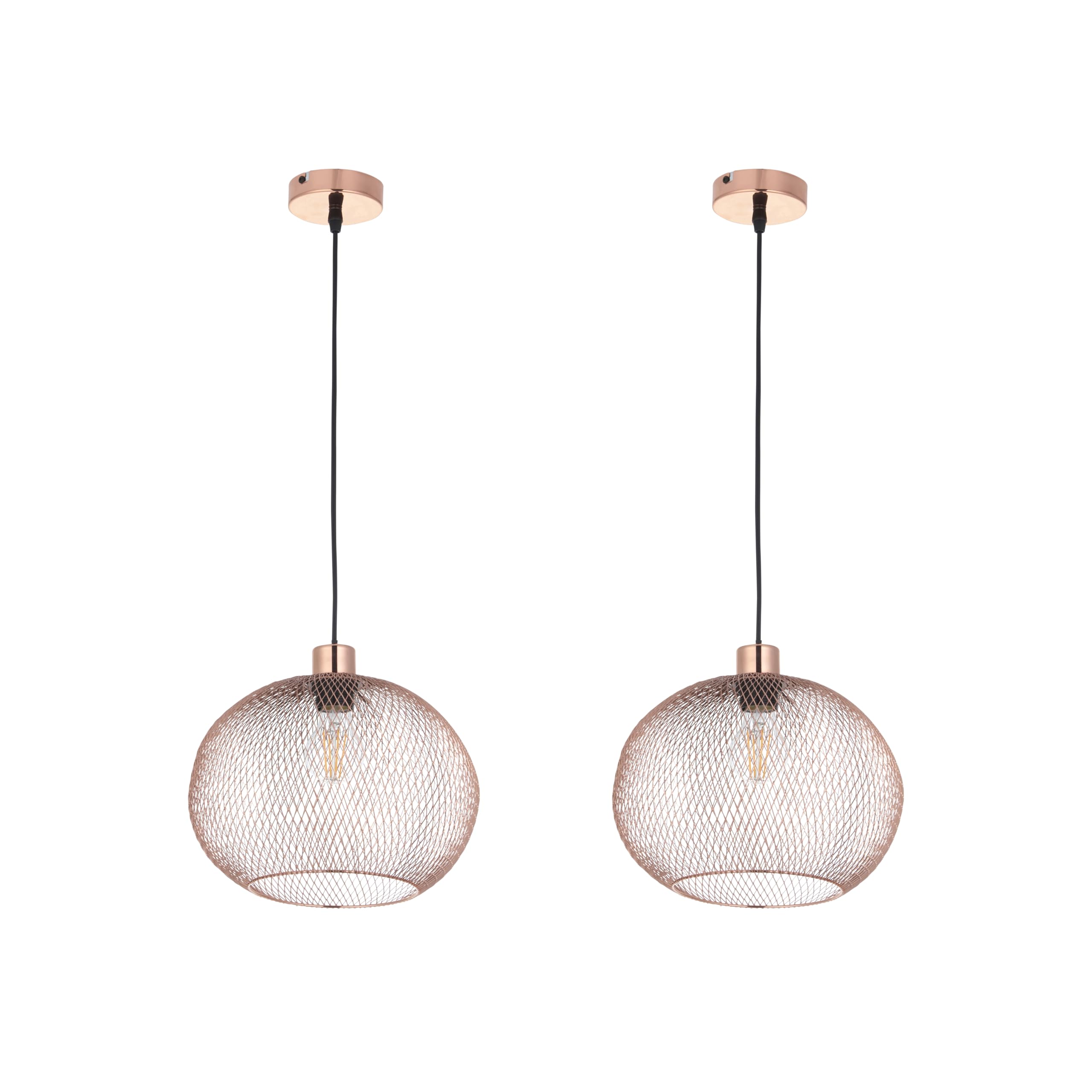 Set of 2 Modern Copper and Black Ceiling Pendant Light Fittings, Metal Mesh Shade, Kitchen Dining Living Bedroom Lighting, Diameter 30cm, Height Adjustable, Dimmer and LED Compatible