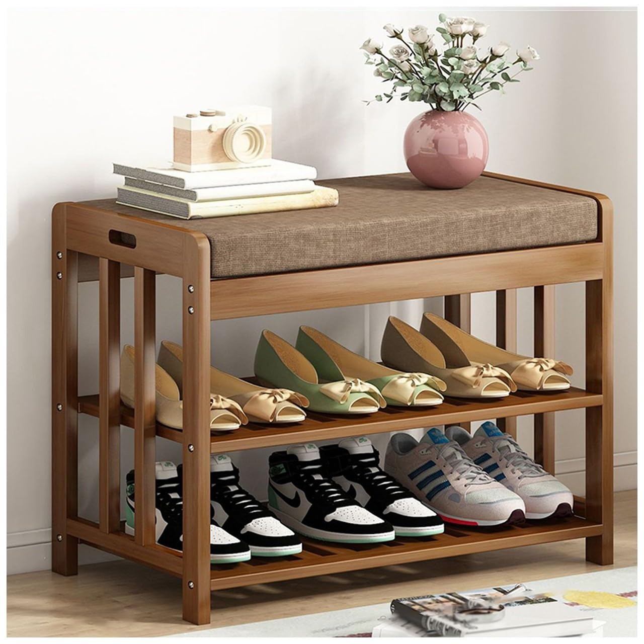 Meuble a chaussures d entree solide assise rembourree en bambou