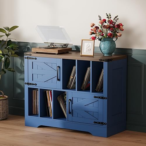 Miniatura 3 de GarveeHome Almacenamiento de discos de vinilo grande de 39 pulgadas, soporte para tocadiscos de madera de granja con armario de almacenamiento y 2