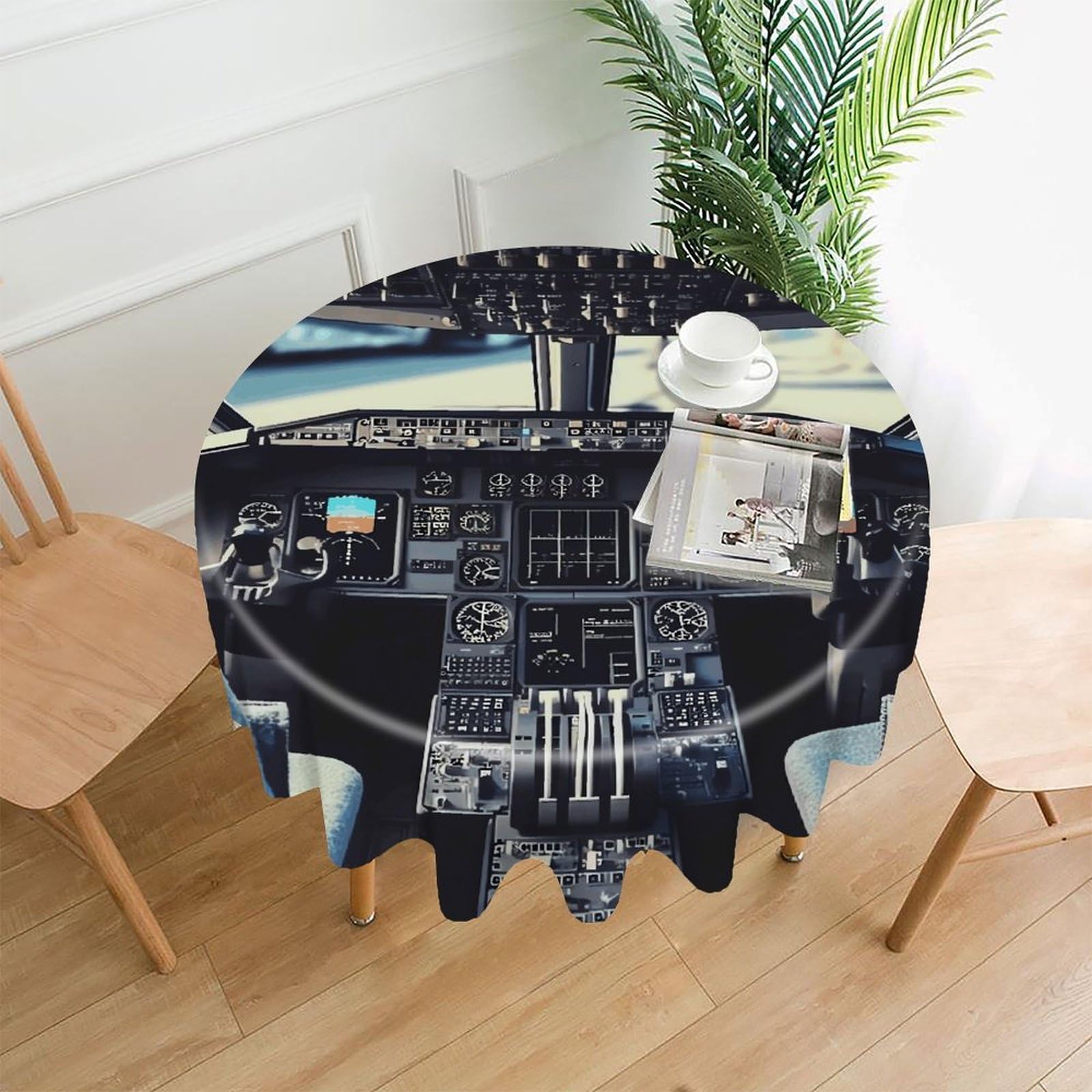 FekiLoot Airplane Cockpit Round Tablecloth Cover 60 Inch Wrinkle Free Washable Polyester Fabric Table Cover Decorative Round Table Cloth for Home Dining Kitchen Party Farmhouse