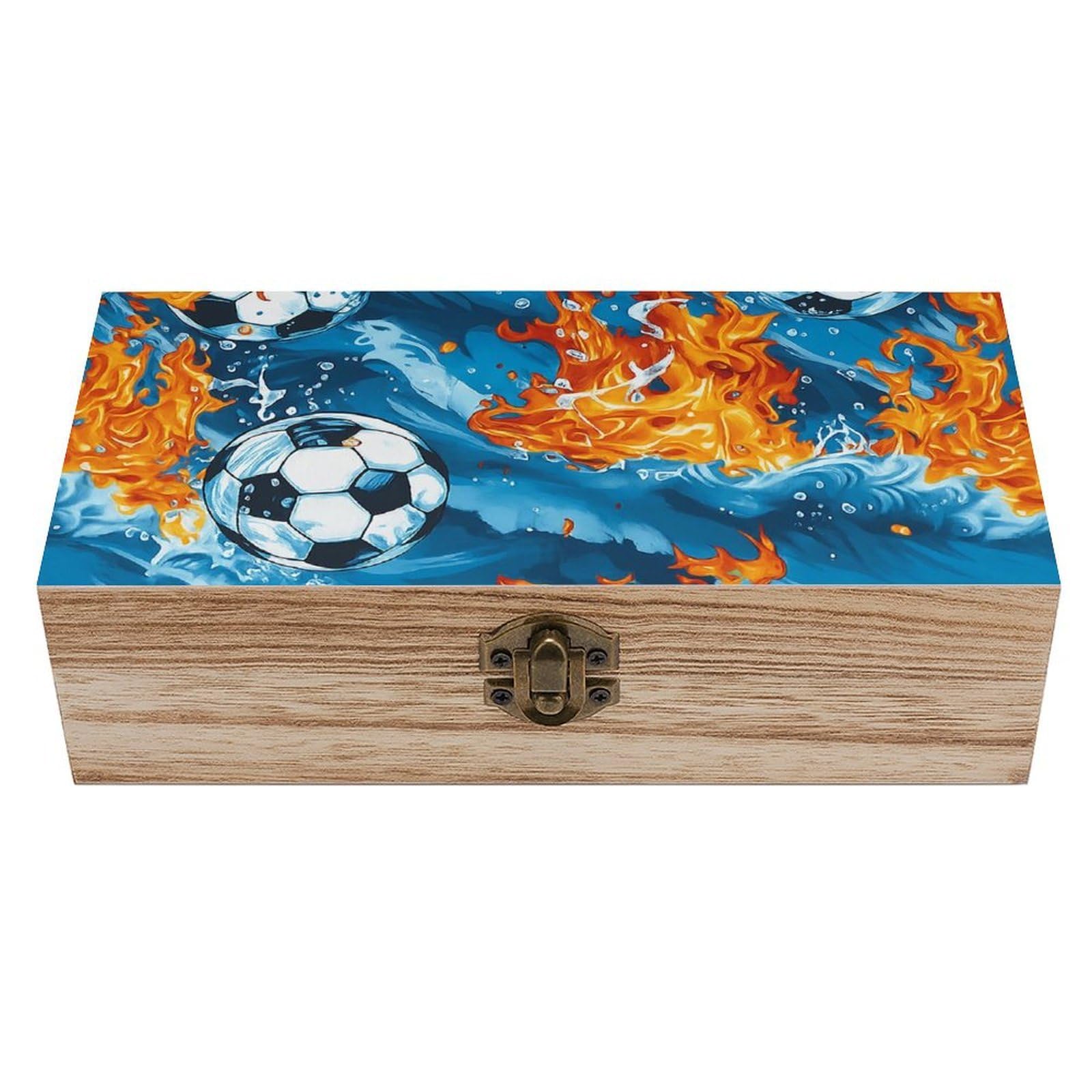 SMAZDFXX Fire And Wave Soccer Wooden Storage Box Multipurpose Decorative Box for Jewelry Photo Home Decor