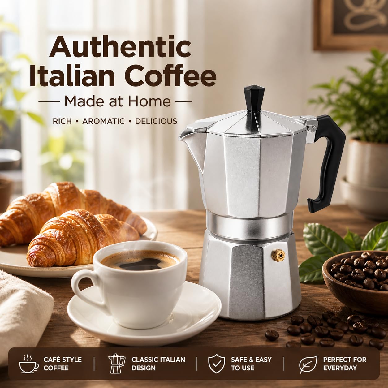 AAshonee Aluminium Italian Style Stovetop Coffee Maker Moka Pot, 6 Cups Espresso Percolator, 300ml (Silver)