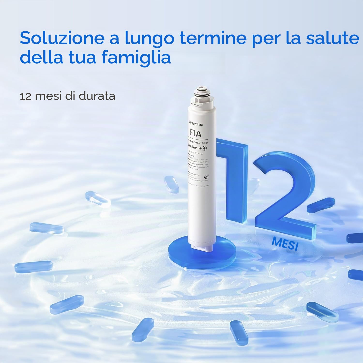 Waterdrop WD-F1A Filtro Minerale Alcalino pH+, Ricambio per il Sistema ad Osmosi Inversa WD-X12-Alcalino e WD-X16, 12 Mesi di Vita