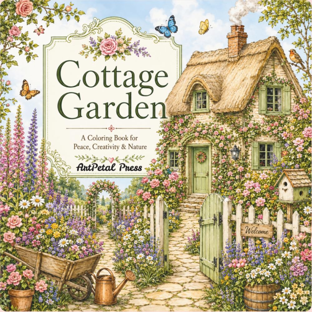 Cottage Garden Coloring Book for Adults: 50 Charming Cottagecore Scenes Filled with Blooming Flowers, Cozy Cottages, Garden Paths, Rustic Gates, and Relaxing Countryside Escapes