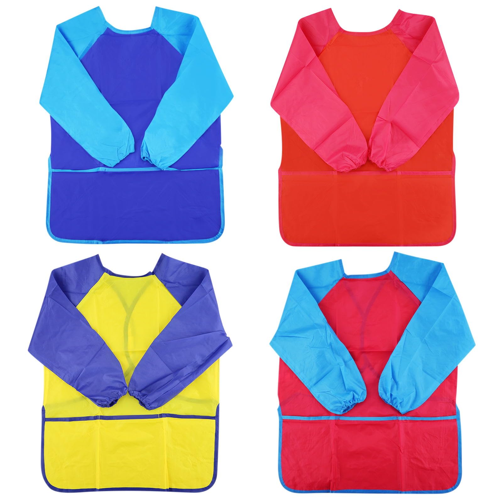 4 Pack Kids Art Aprons, Kids Art Smock with Long Sleeves , Waterproof Artist Painting Aprons, Children Craft Apron with 3 Pockets, for Girls Boys Age 2-8 Years Painting Drawing Cooking Eating Baking