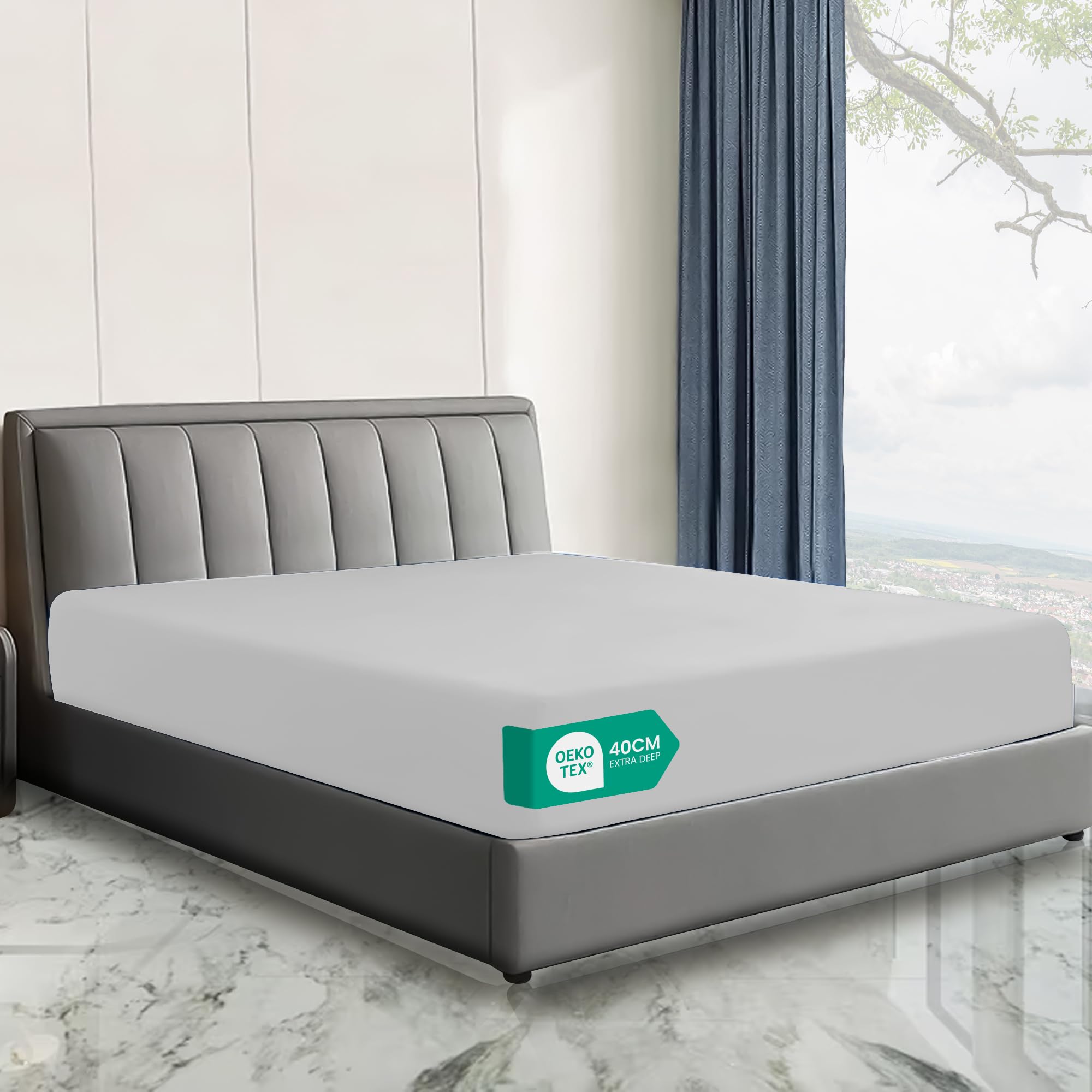 Linen World Hotel Quality Super King Fitted Sheet (183×200cm) Silver – 40cm Extra Deep Pocket Brushed Microfiber Bottom Sheet, OEKO-TEX Certified, Soft & Breathable Easy Care Bed Sheet — image 1
