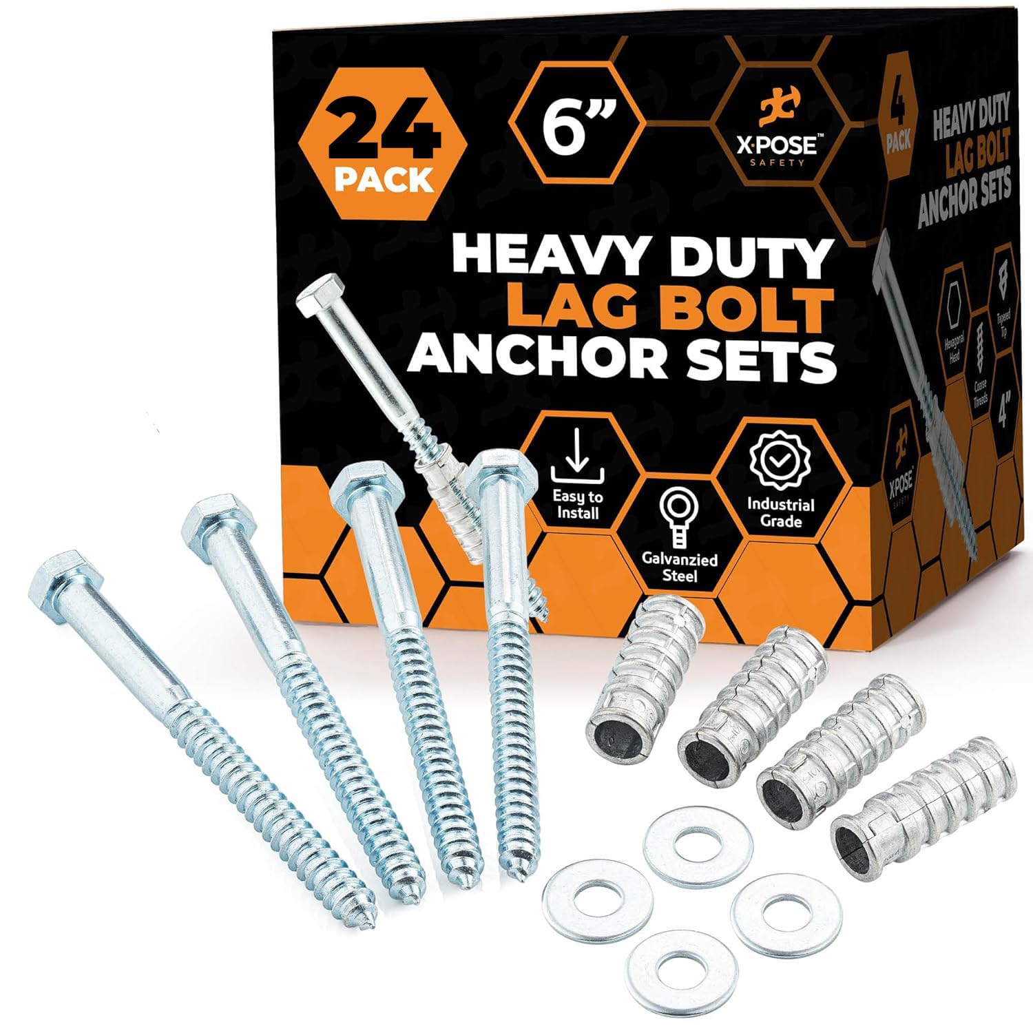 Xpose Safety Parking Stoppers Concrete Anchors, 1/2" x 6" Lag Bolts, 24 Pack