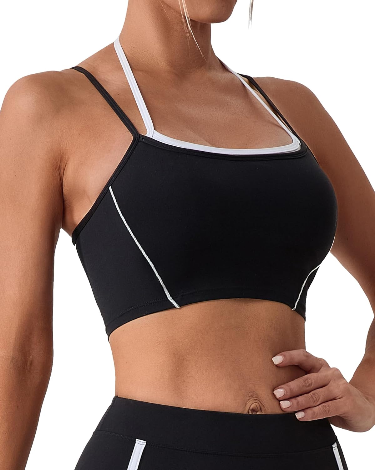 FEOYA Women Two-in-One Halter Neck Yoga Bra Moisture Wicking Workout Top Stretch Built-in Bra Yoga Vest Removable Pads