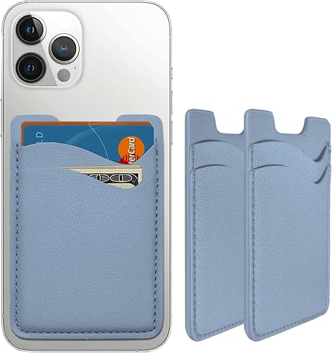 Puxnoin Tarjetero elástico de cuero para la parte posterior del teléfono, paquete de 2 unidades, color azul