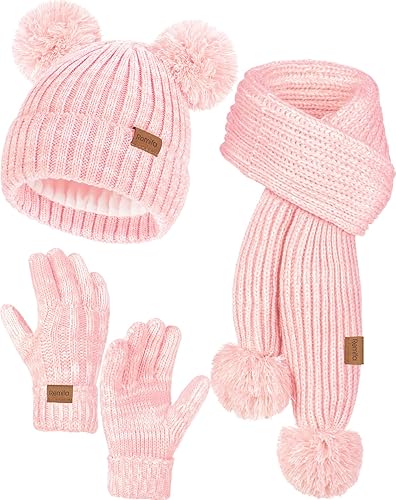 Remifa Conjunto de bufanda y gorro de invierno para niños y niñas, con forro polar con pompón, bufanda larga, guantes cálidos