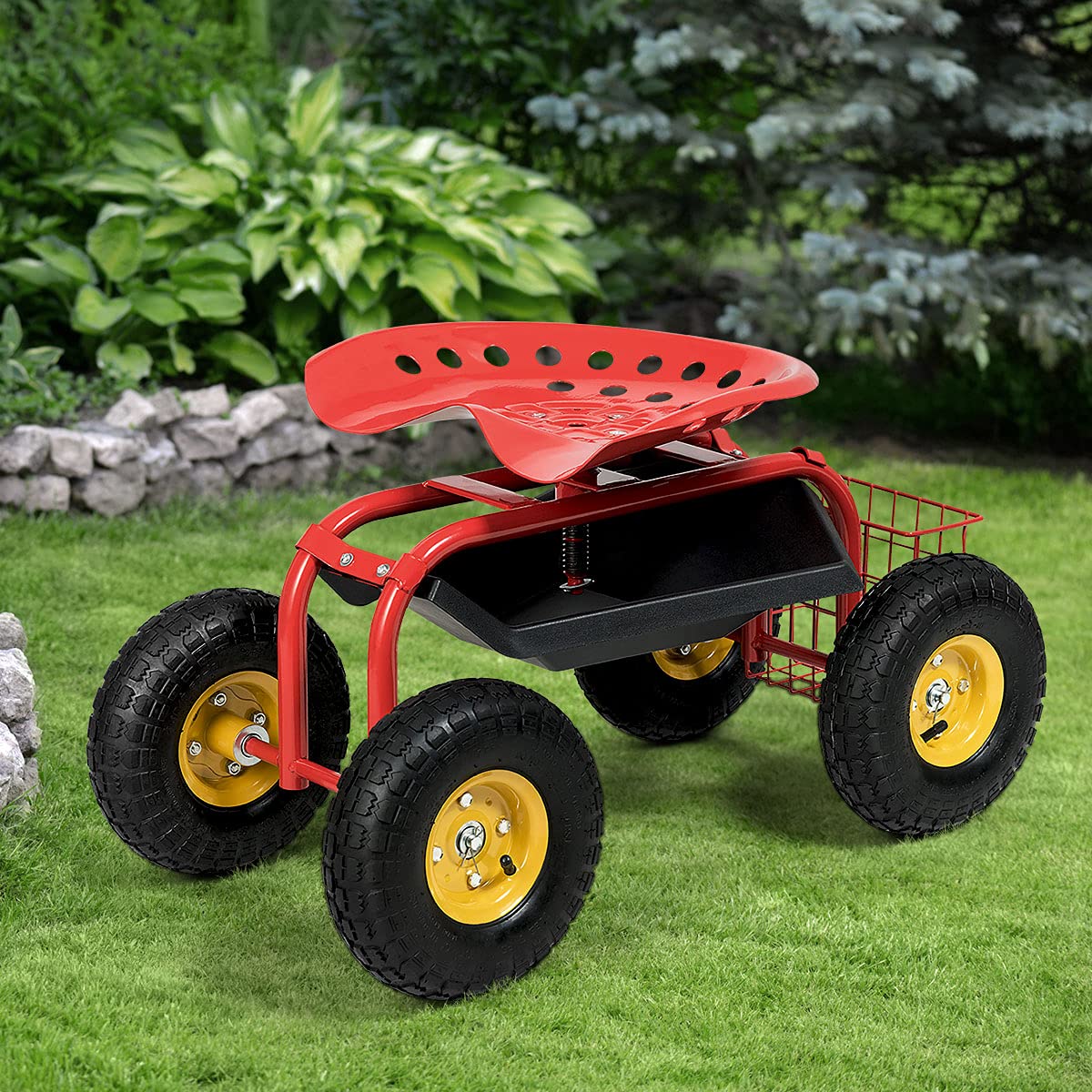 COSTWAY Asiento de Jardín con Ruedas, Taburete Móvil de Trabajo de Jardinería con Altura Ajustable y Asiento Giratorio de 360°, Cesta de Almacenamiento, Carro de Trabajo para Césped, Patio(Rojo)