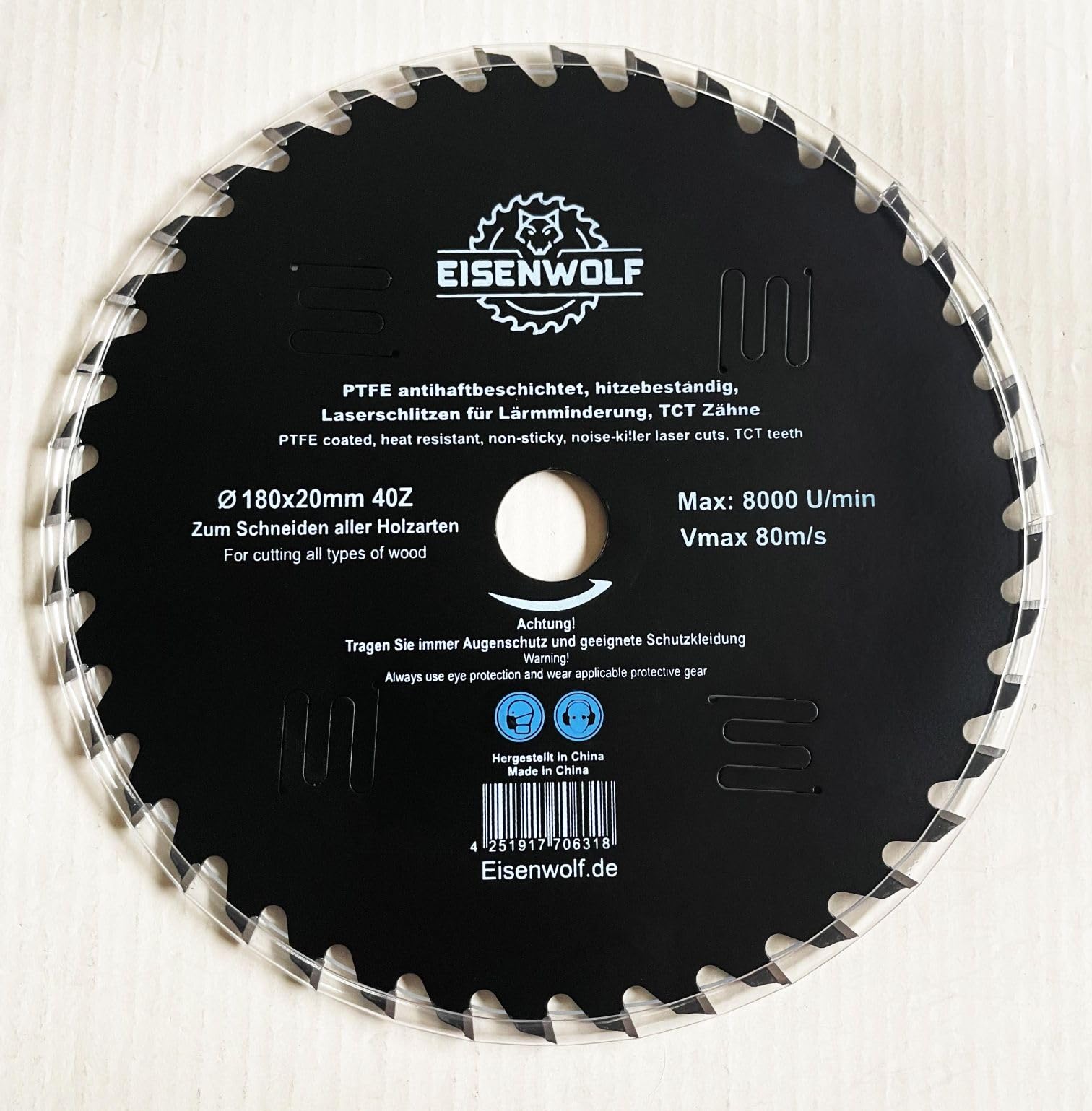 Eisenwolf 180x20 mm lama circolare sottile per legno completamente temprata e tensionata, resistente e durevole, con 40 denti TCT inclinati e tagli laser per la riduzione del rumore