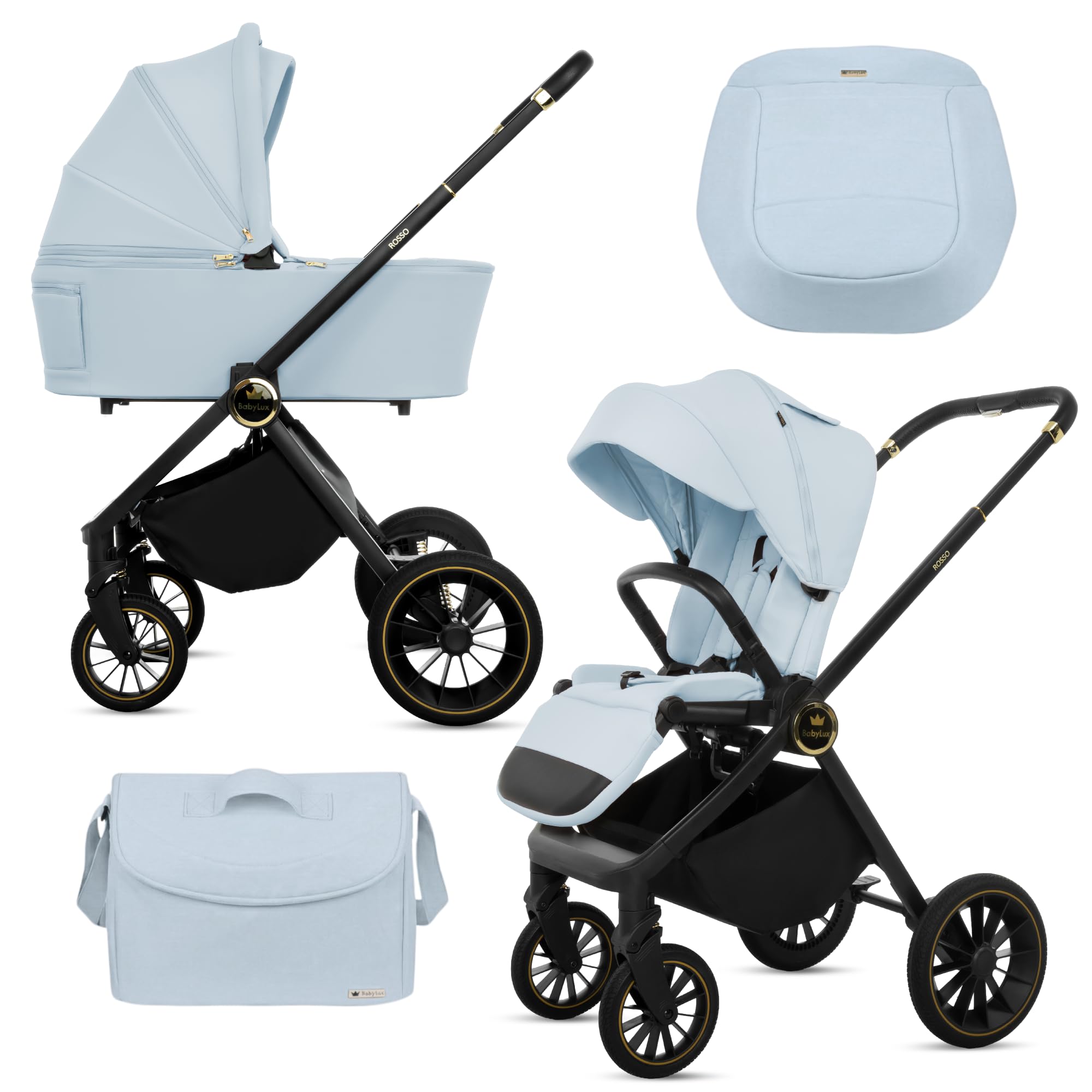 BabyLux® Carrito Bebe 2en1 ROSSO, Conjunto de Cochecito Ligero y Plegable Que Incluye Capazo, Silla de Paseo, Bolso Cambiador y Más Accesorios, 4 Posiciones de Reclinado, 0-22kg, Protección UV 50+