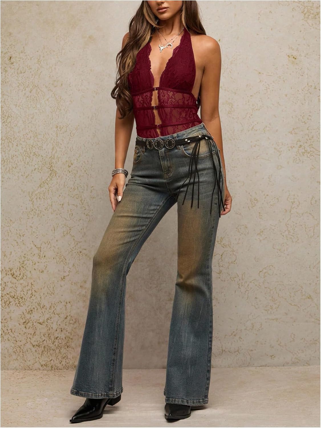 MakeMeChic Women's Lace Hollow Out Bodysuit Sleeveless Backless Halter Top Party Rave Club Body Suits