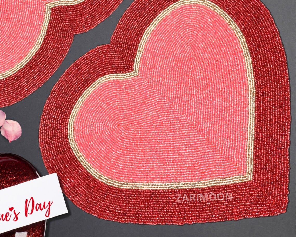 Set of 2/4/6 Valentine's Day Special Handmade Beaded placemat, Charger, red Pink Heart Table mat, Centrepiece, Gift for her, Table Decor ZARIMOON