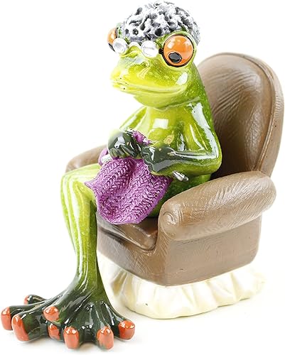 Miniatura 3 de usamjtable Novedad divertida figura de rana abuela tejiendo en un sofá relajante estatua decoración del hogar - verde y naranja