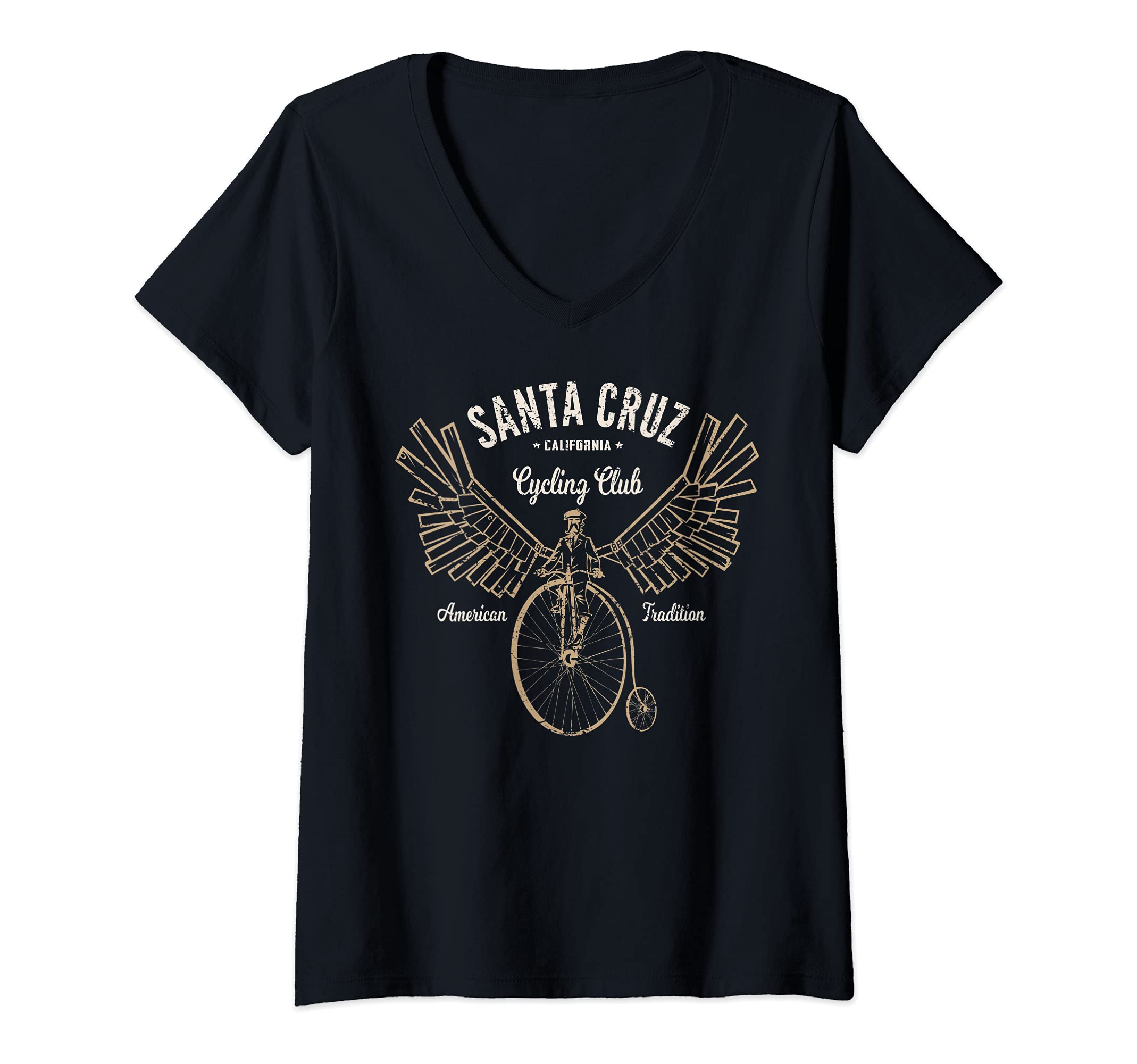 Womens Flying Winged Steampunk Bicycle Santa Cruz Penny Farthing V-Neck T-Shirt