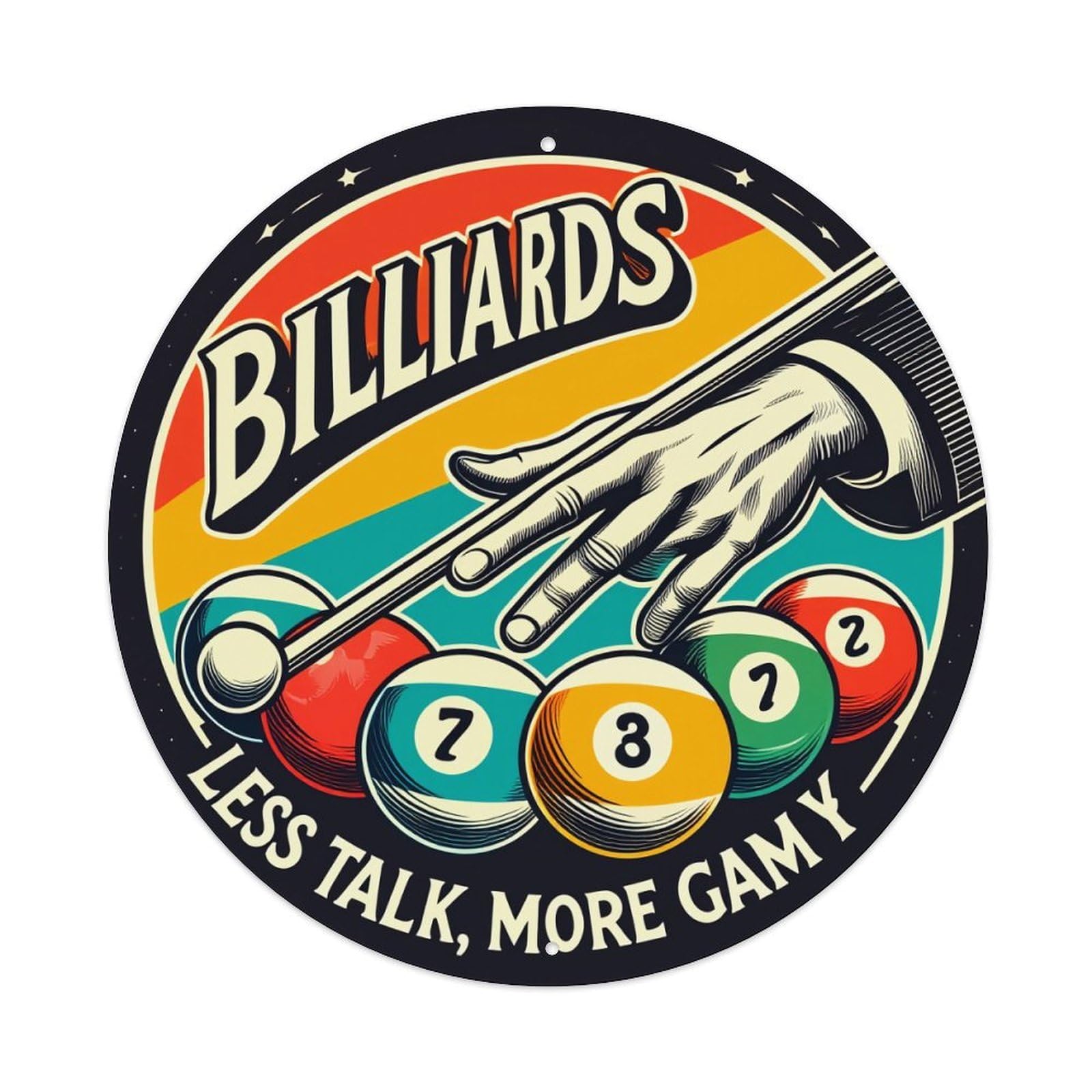 Billiards Hand Cue Balls Game Round Tin Sign Vintage Metal Poster, Home Bar Garage Man Cave Cafe Indoor & Outdoor Wall Decoration 8x8Inches