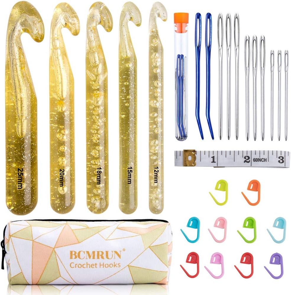 BCMRUN Large Crochet Hooks Set,5PCS 12mm(P)-25mm(U) Handcrafted Knitting Needles Kit with 11 Pieces Large-Eye Blunt Needles,Giant Yarn Hook for Rag Rugs,Shawl and Large Stitches! (A)