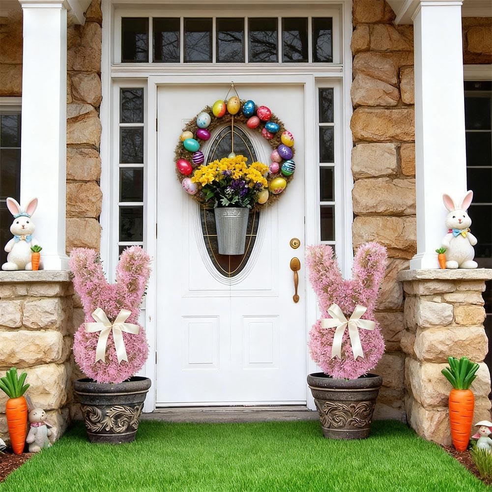 Easter Artificial Bunny Shaped Topiary Trees with Ground Spike,29.53" Pink Lifelike Easter Bunny Topiary Tree,Spring Faux Boxwood Topiarys Rabbit Bushes Potted Fake Shrubs for Garden Patio Outdoor
