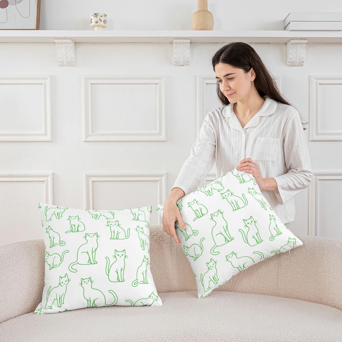 Castle Fairy Cartoon Pet Kittens Throw Pillow Covers 18"x18" Set of 4,Pet Animals Theme Cushion Covers for Couch Sofa,Kawaii Animal Decorative Pillowcases,Green Pillow Cases image 3