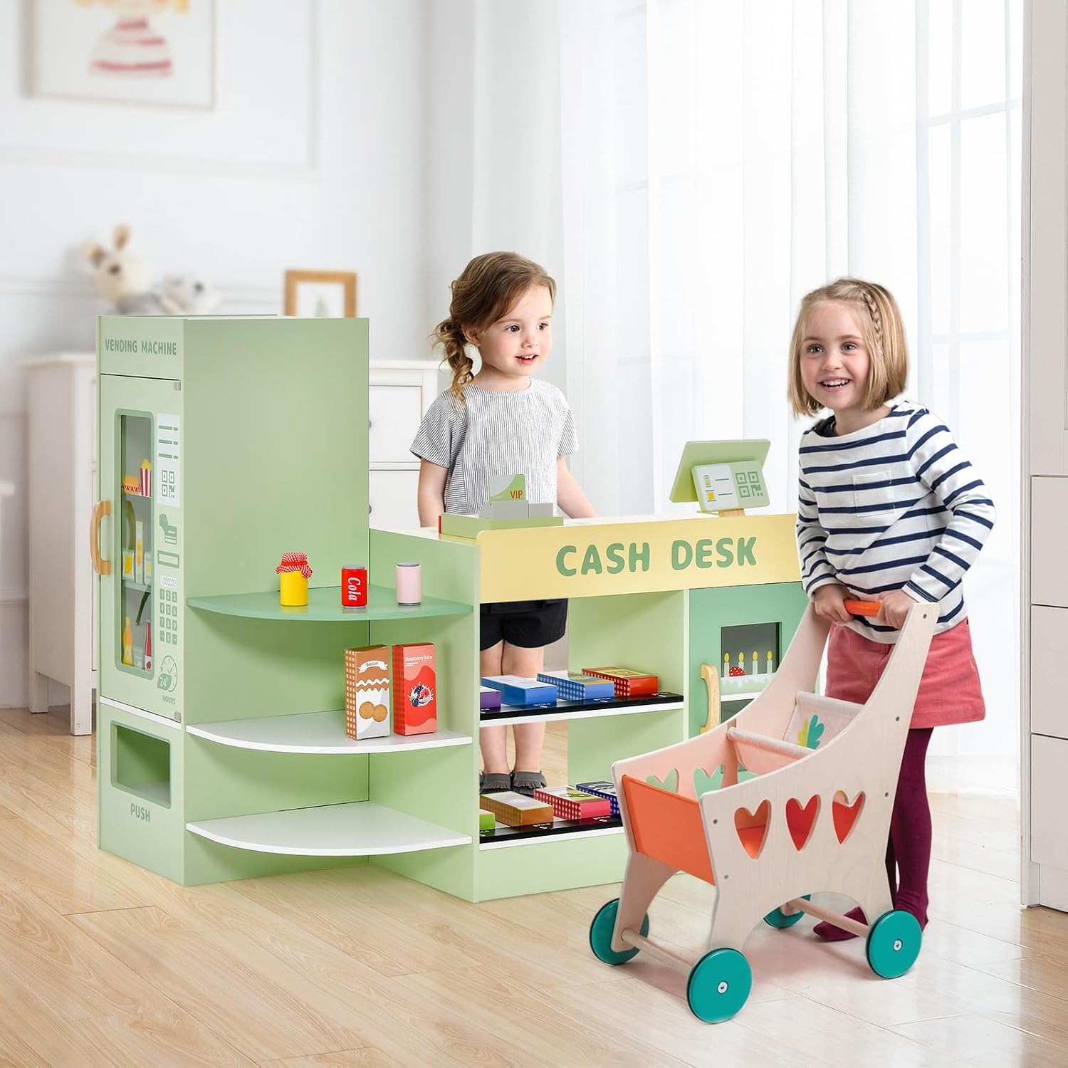 GLACER Grocery Store Pretend Play, Wooden Kids Grocery Store Playset w/15 PCS Accessories, Cash Register, POS & Vending Machine, Chalkboard, Play Store for Toddler 3-8, Gift for Boys & Girls(Green)
