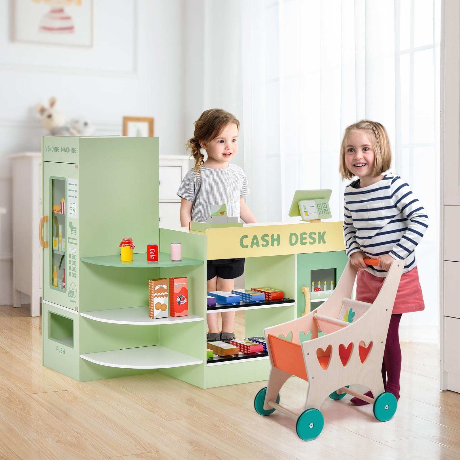 Maxmass Kids Pretend Grocery Store, Wooden Children Supermarket Playset with Rich Accessories, Vending Machine, Scanning Area - Image 8