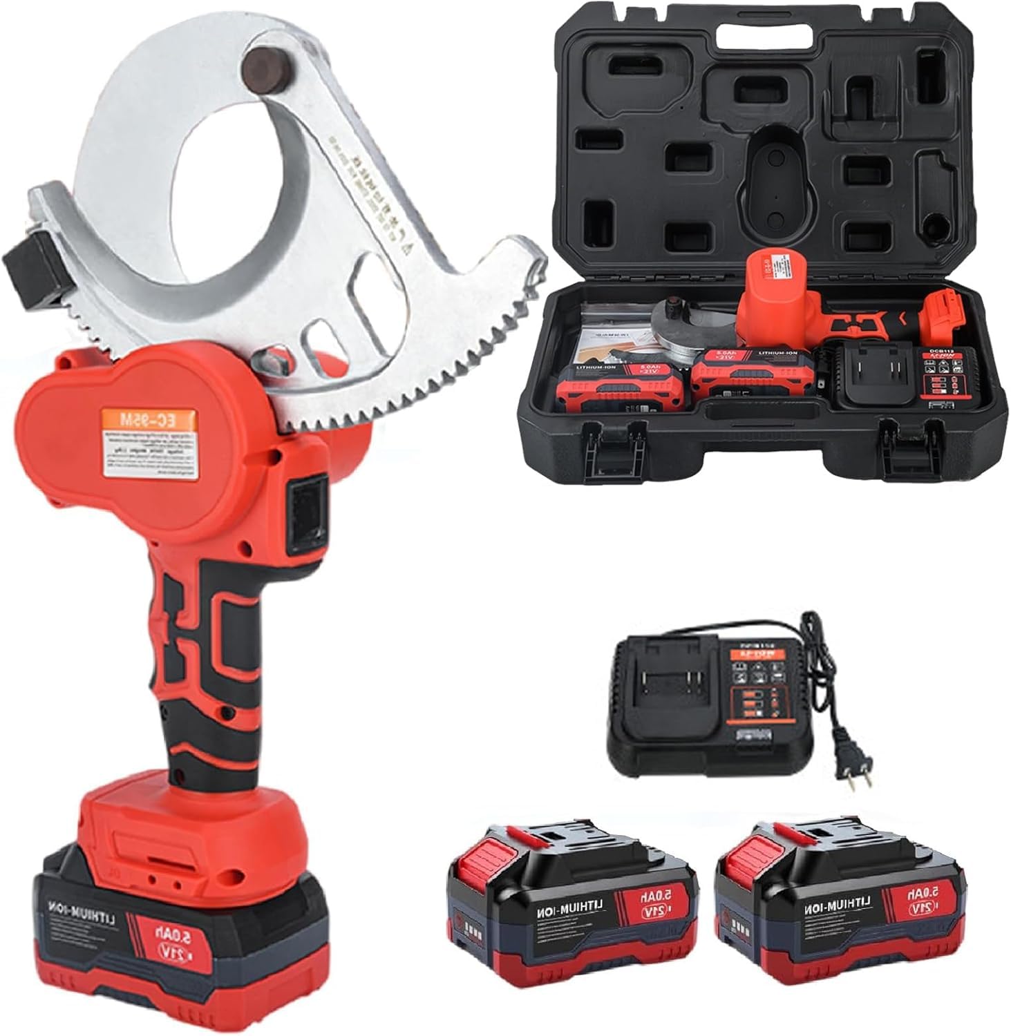LMRXOFE Electric Cordless Hydraulic Cable Cutter - Max Cut 95mm, For Copper & Aluminium, Led Display, 2 Batteries, Portable Storage Case, Professional Tool For Electricians EC-75M
