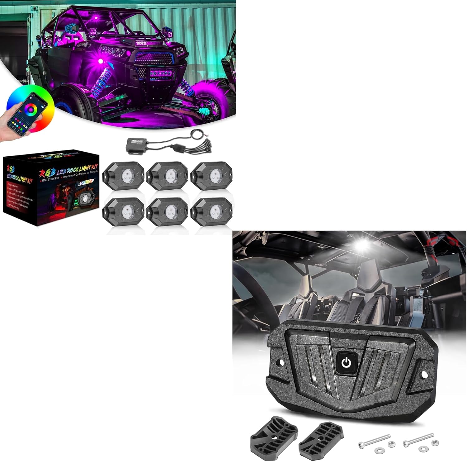 Niwaker 6 Pods RGB Rock Lights Kits with White UTV Dome Light