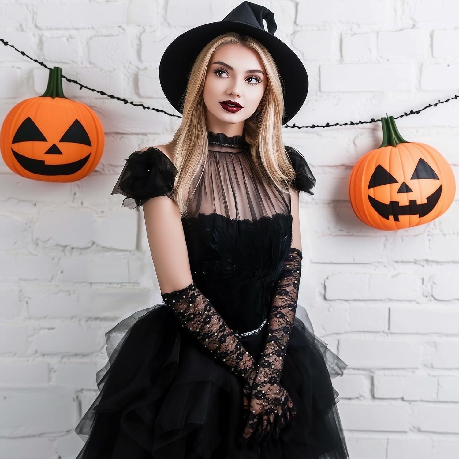 Black Lace Arm Sleeves for Women, Sparkling Lace Gloves for Wedding Tea Party Pattern Engagement Dress
