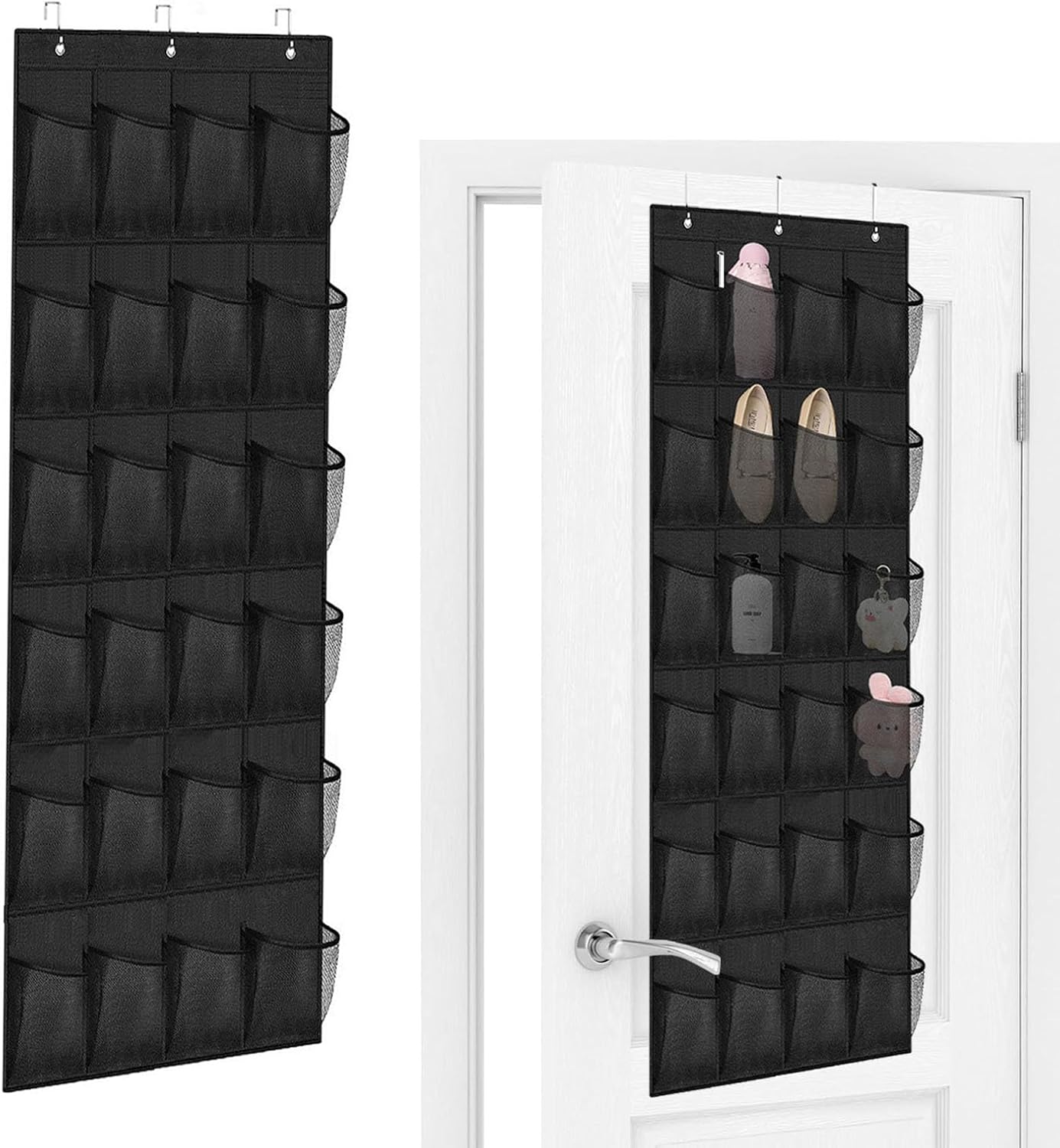 Organizer nad drzwiami na buty, wiszący organizer na buty, z 24 kieszeniami, organizer na drzwi z 3 haczykami, wielofunkcyjny regał na buty do sypialni, salonu, łazienki (czarny)