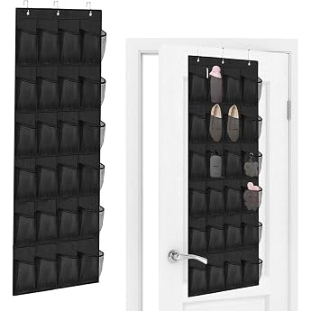 Over the Door Shoe Organiser with 24 Pockets and 3 Hooks Black