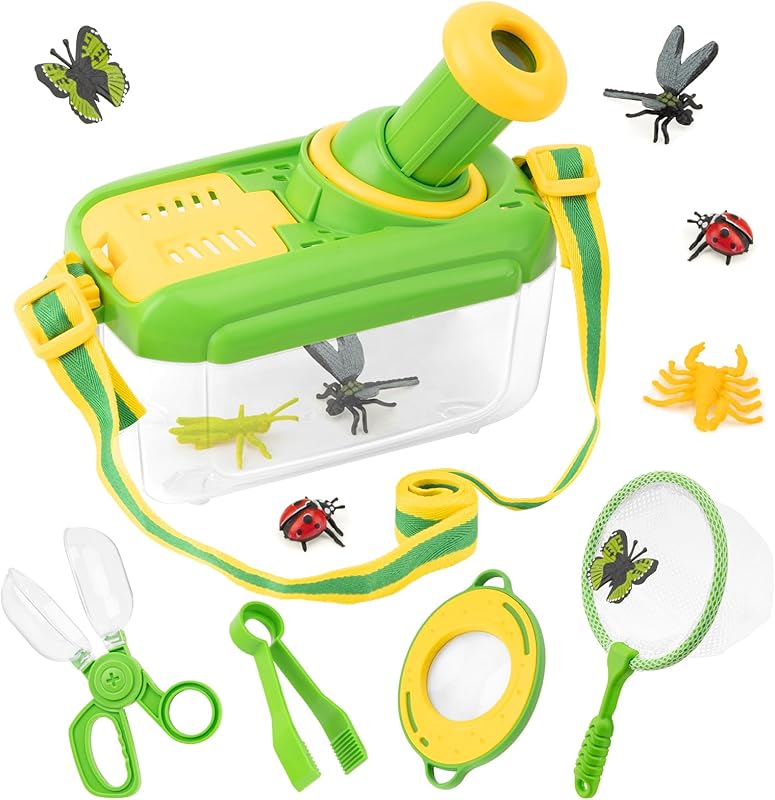 Kit Exploration Enfant Jouets - 5 Pièces Ensemble de Attrape Insecte pour Enfants avec 12 Faux Insectes, Jouet Exterieur Enfant, Jouet éducatif de Noël Cadeau pour Garçon et Fille 3 4 5 6 Ans