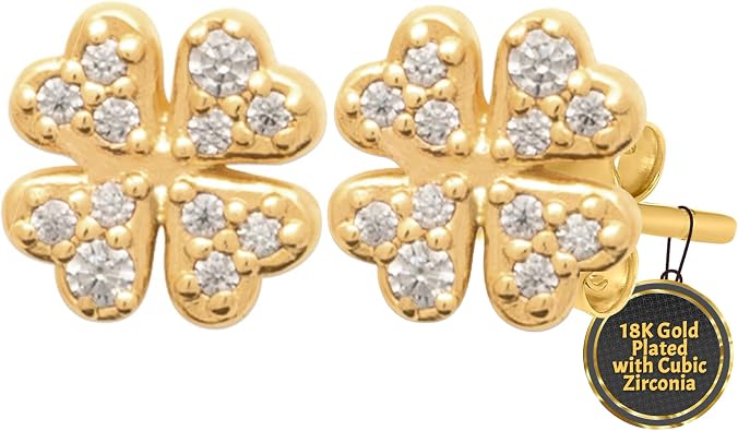 Clover Stud Earrings Four Leaf Flower Lucky Irish 18K Gold Plated