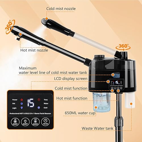 Miniatura 3 de Vaporizador facial profesional con ozono y niebla fría y caliente, vaporizador esteticista sobre ruedas, humidificador facial para limpieza profunda