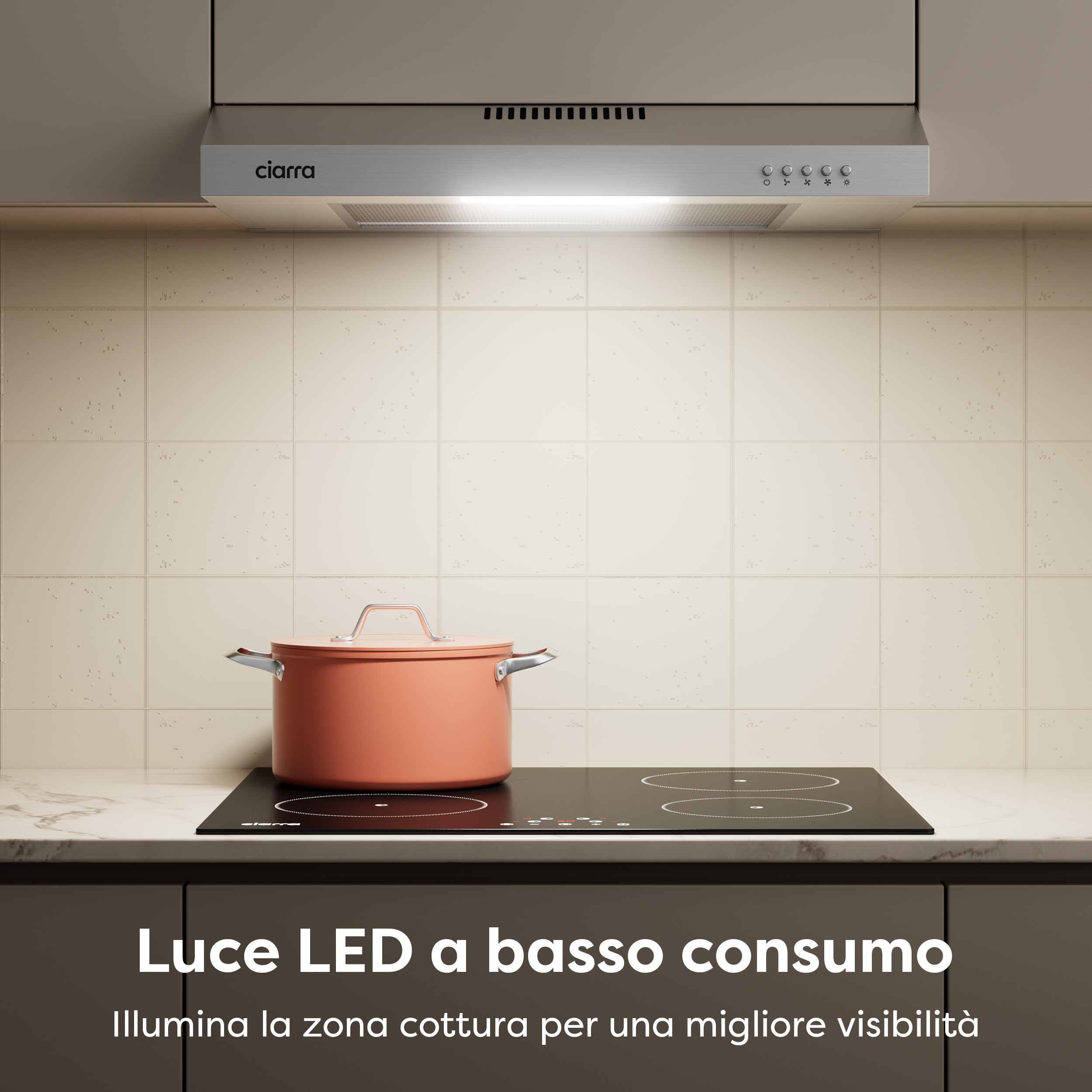 CIARRA Cappa Aspirante 60 cm Sottopensile Cappa da Cucina con Pannello Argento LED Montaggio a Parete con Ventola Estrattore (Acciaio Inox)-CAW6903A