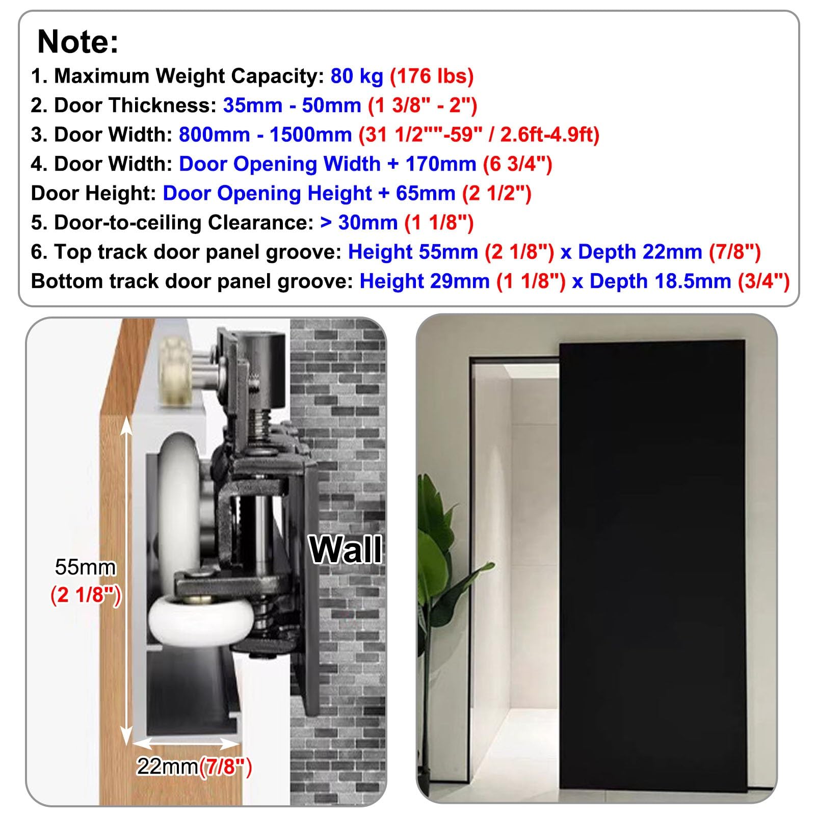 Kit Puerta Corredera Riel Oculto para Puerta Corredera de Espejo de 80, 120, 150 y 180 cm, Riel Oculto para Puerta de Armario, Guía para Puerta Corredera Empotrada(33in(83.8cm))