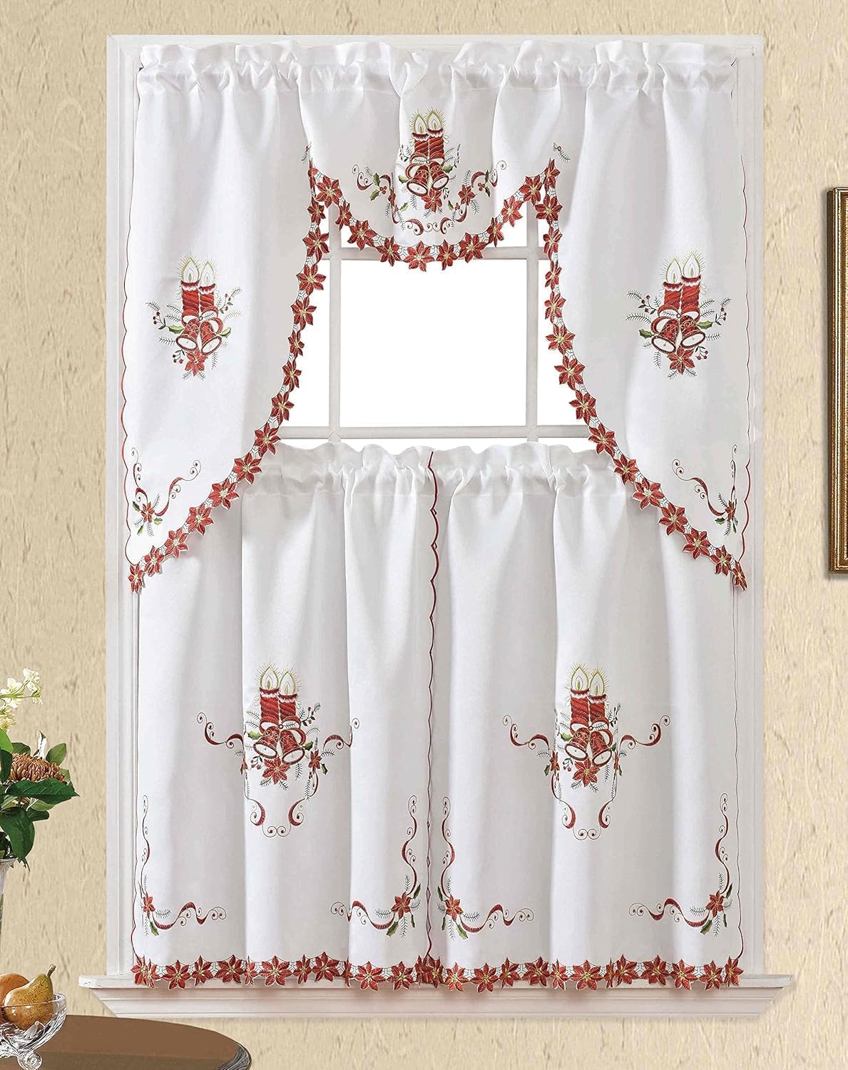 3pcs Multi-Color Embroidery Kitchen Curtains for Windows with cutworks, Swag Valance and Tiers Set,Multi-Color Kitchen Cafe Curtain Set（Beige） (Multicolor)