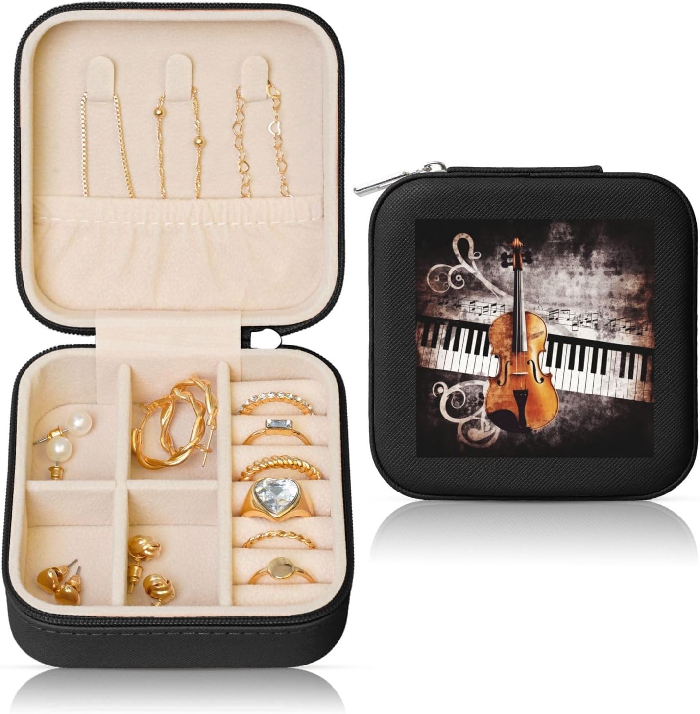 Piano Violin Music Notes Jewelry Box Case Small Travel Jewelry Case Organizer For Women Ladies Girls Gifts For Birthday Christmas,Black