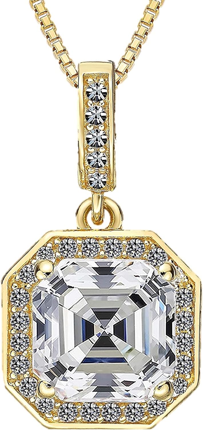 NANA Asscher Cushion Cut Halo CZ Simulated Diamond Solitaire Necklace Sterling Silver 7mm Zirconia Center Gemstone