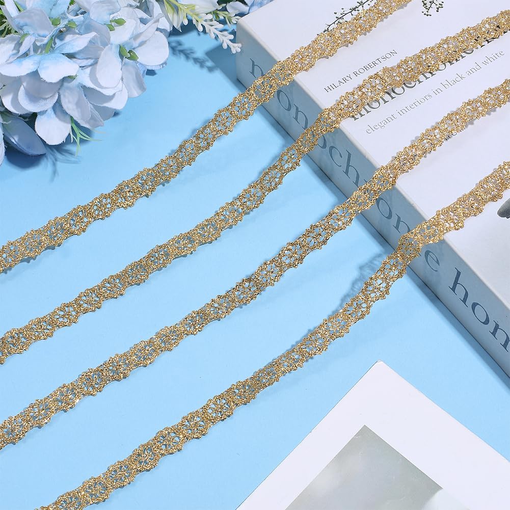 WADORN 20 Yards Metallic Braid Trim Gold Lace Ribbon 3/8 Inch Wide Golden Flower Lace Trims for Clothing Accessories Wedding Decor Christmas Crafts DIY Sewing Home Decoration