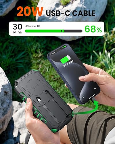 Miniatura 3 de Riapow Cargador solar - Cargador portátil inalámbrico de 27000 mAh, 2 cables integrados, batería de carga rápida de 22.5 W con entrada y salida USB