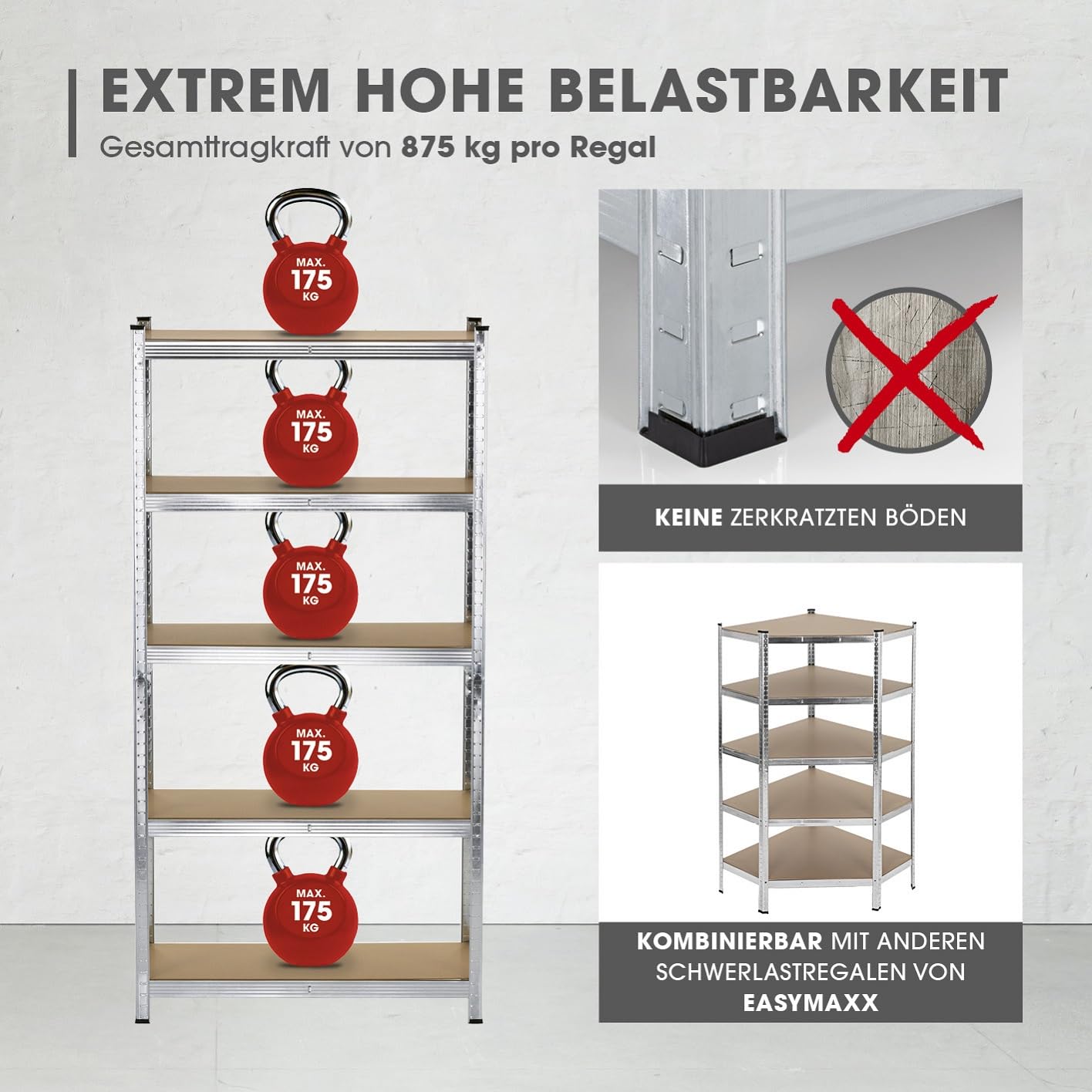 EASYmaxx Schwerlastregal 2er-Set | 875 kg Traglast, 175 kg pro Ebene | Regal und Werkbank | Kellerregal, Lagerregal mit 5 verstellbaren Ablagen | Für Keller, Garage, Hobbyraum, Werkstatt