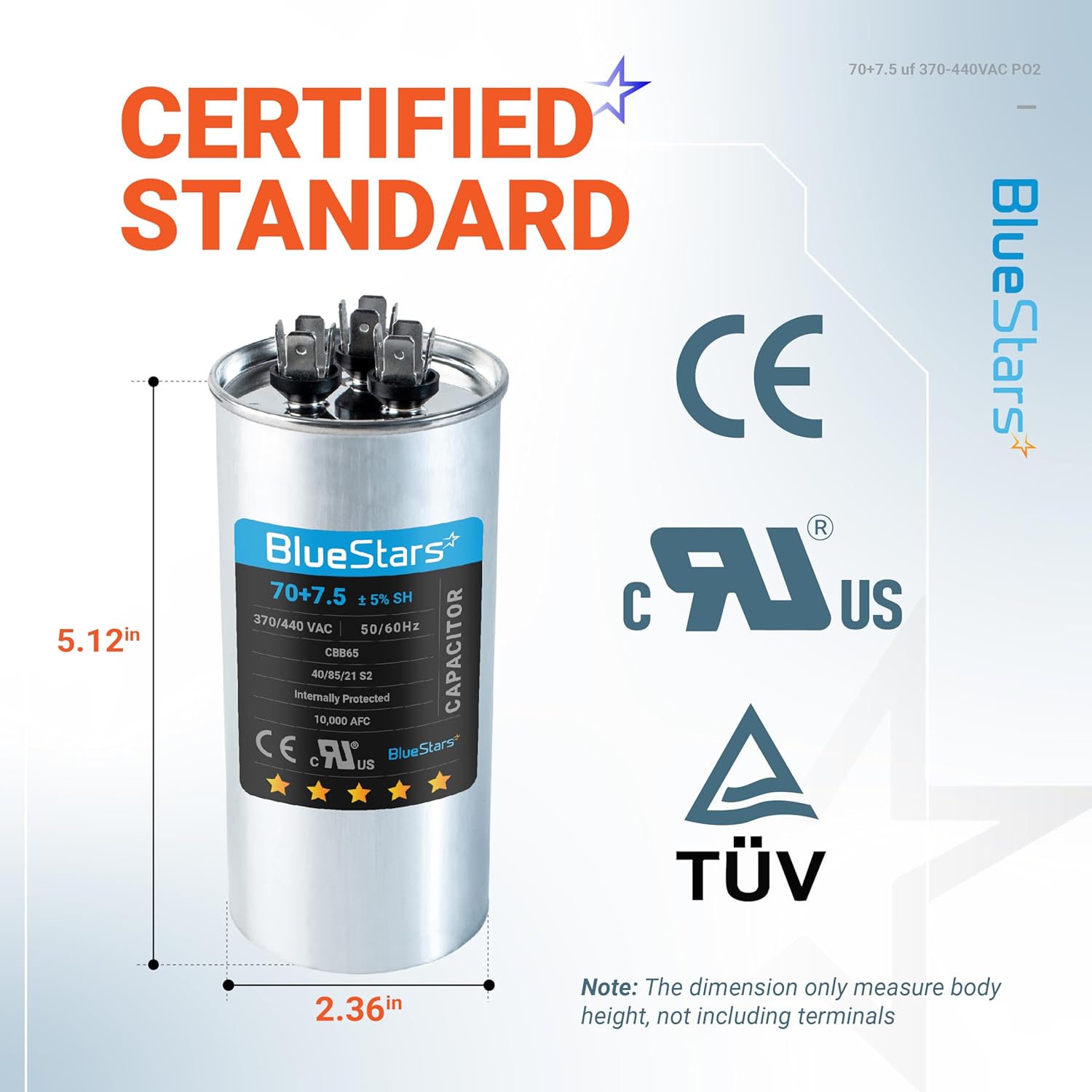 [UL Certified] BlueStars 70/7.5 uF 70+7.5 MFD 370 or 440 Volt VAC Round Dual Run Capacitor - Compatible for Air Conditioner or Heat Pump Condenser - Pack of 2