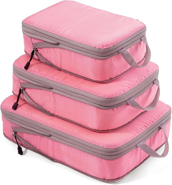 Meowoo Packing Cubes for Travel Compression zestaw 3 w 1, różowy organizer próżniowy do walizki podróżnej, podróżne organizery, wodoodporne, do plecaka i walizki