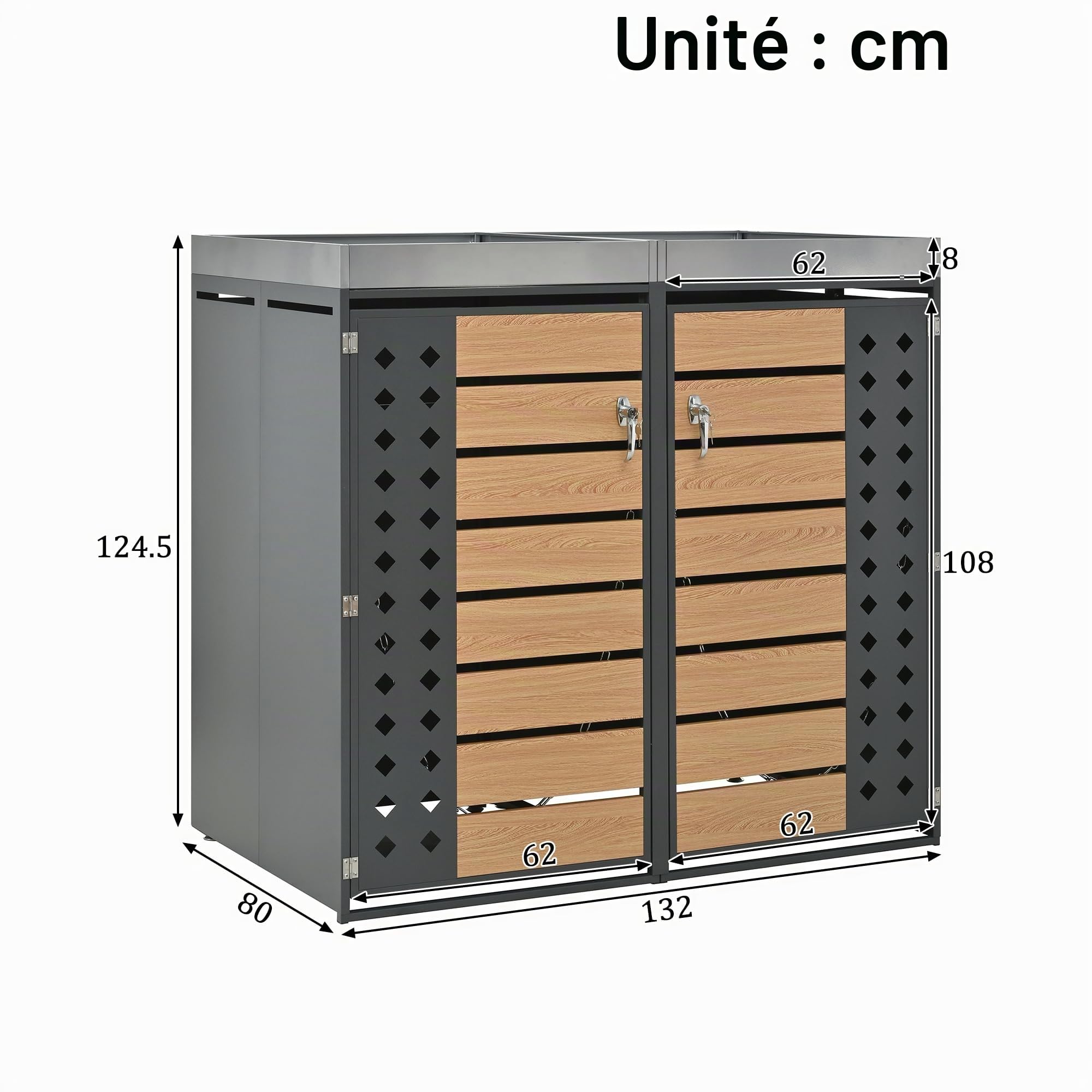 Abri pour poubelles, Panneaux à Grain de Bois horizontaux, Compartiments de Rangement pour poubelles, verrouillable, Deux Portes, Espace pour Plantes, Panneau alvéolaire en Forme de Losange (1)