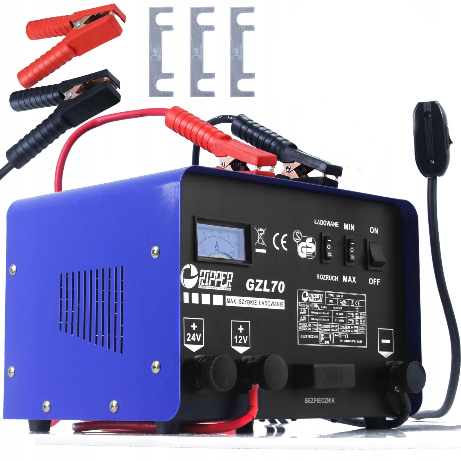 Cargador de coche con carga rápida | 500 Ah | 12-24 V | Corriente pico 60 A | Portátil | Azul
