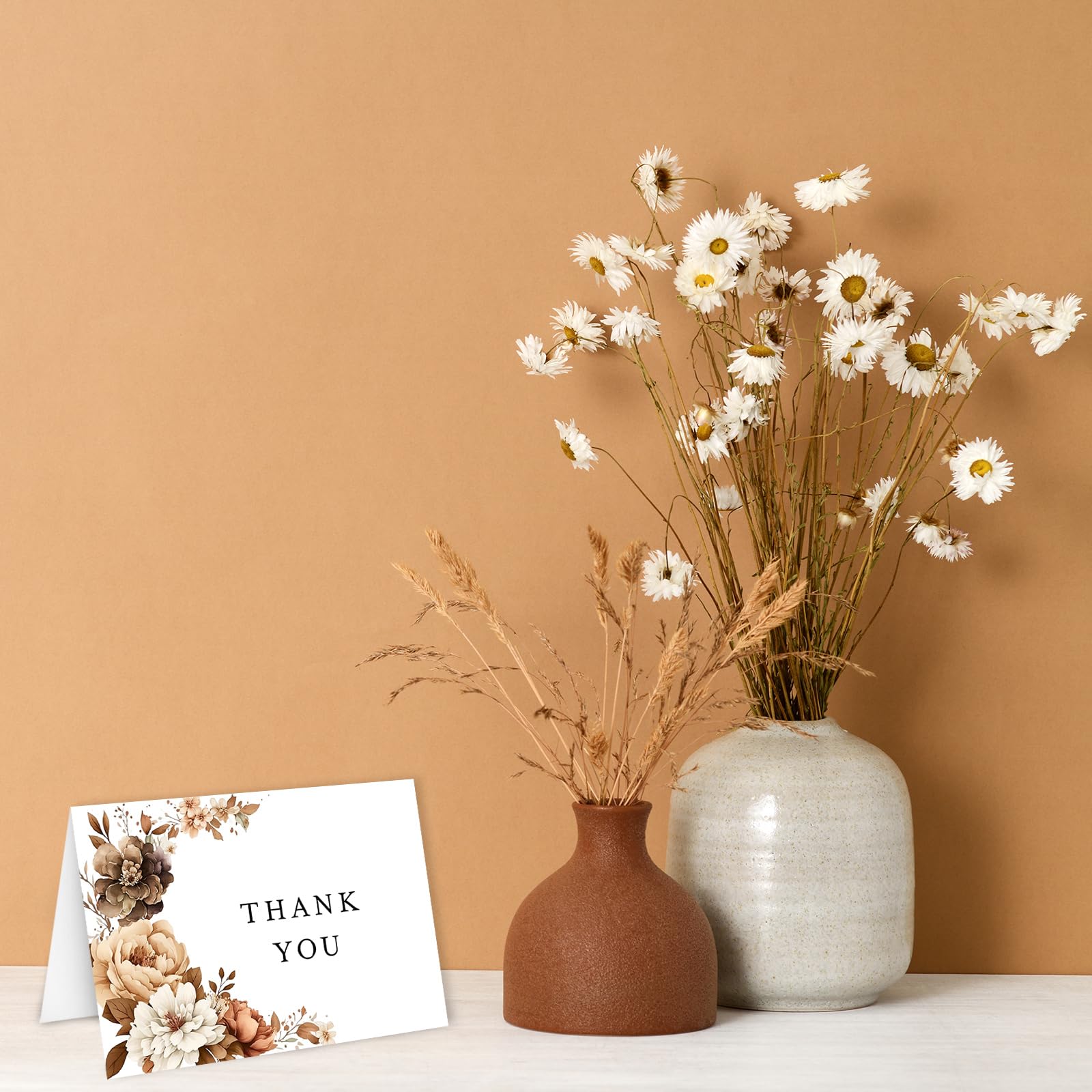 AnyDesign Paquete de 36 tarjetas de agradecimiento de flores a granel, tarjetas de agradecimiento florales marrones con sobres y calcomanías, hojas florales, tarjetas de felicitación en blanco para