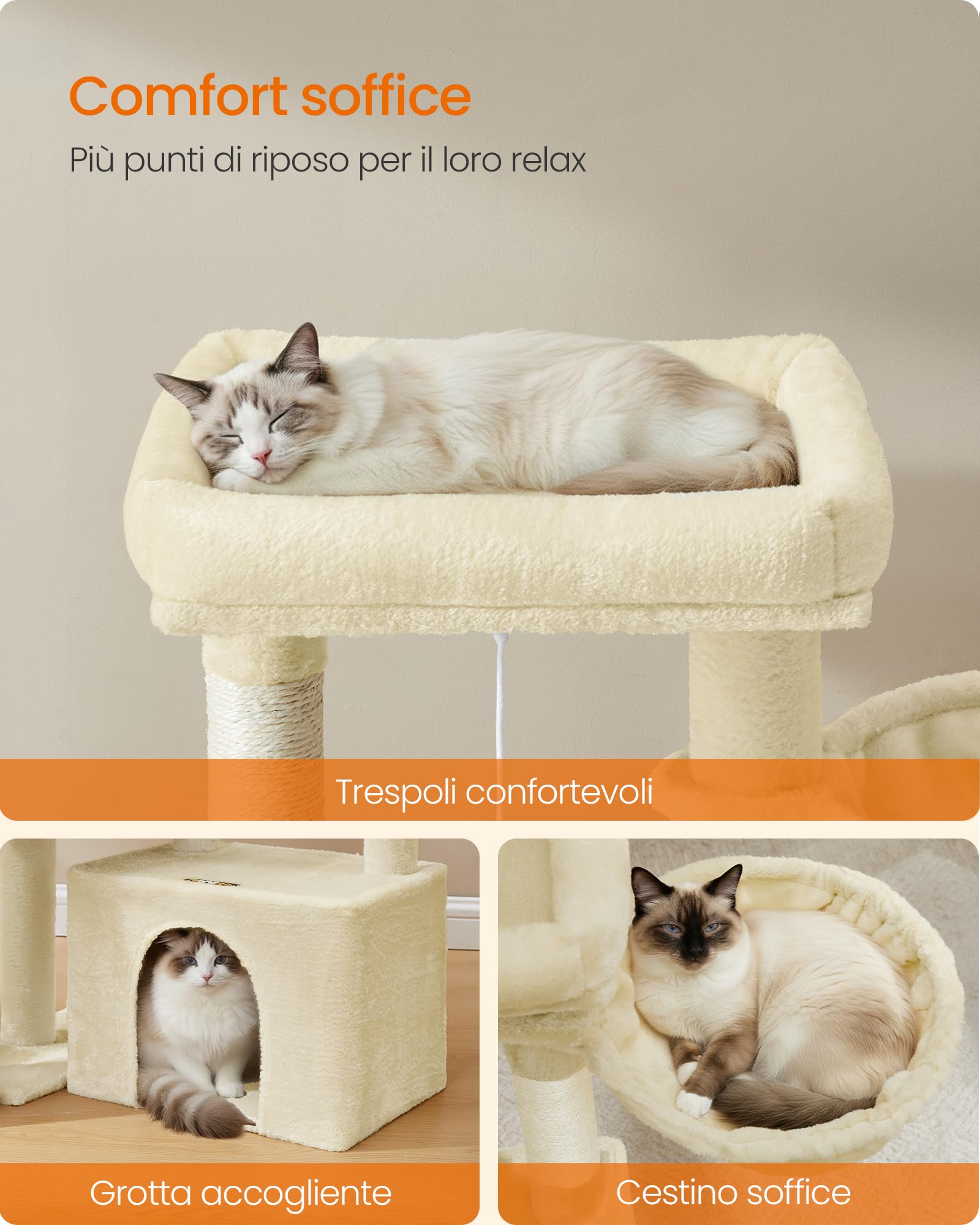 Feandrea Albero per Gatti con 2 Letti Grandi, Tiragraffi con Pali e Rampa Graffiatoio, Alto 85,8 cm, Beige Sabbia PCT013LF01