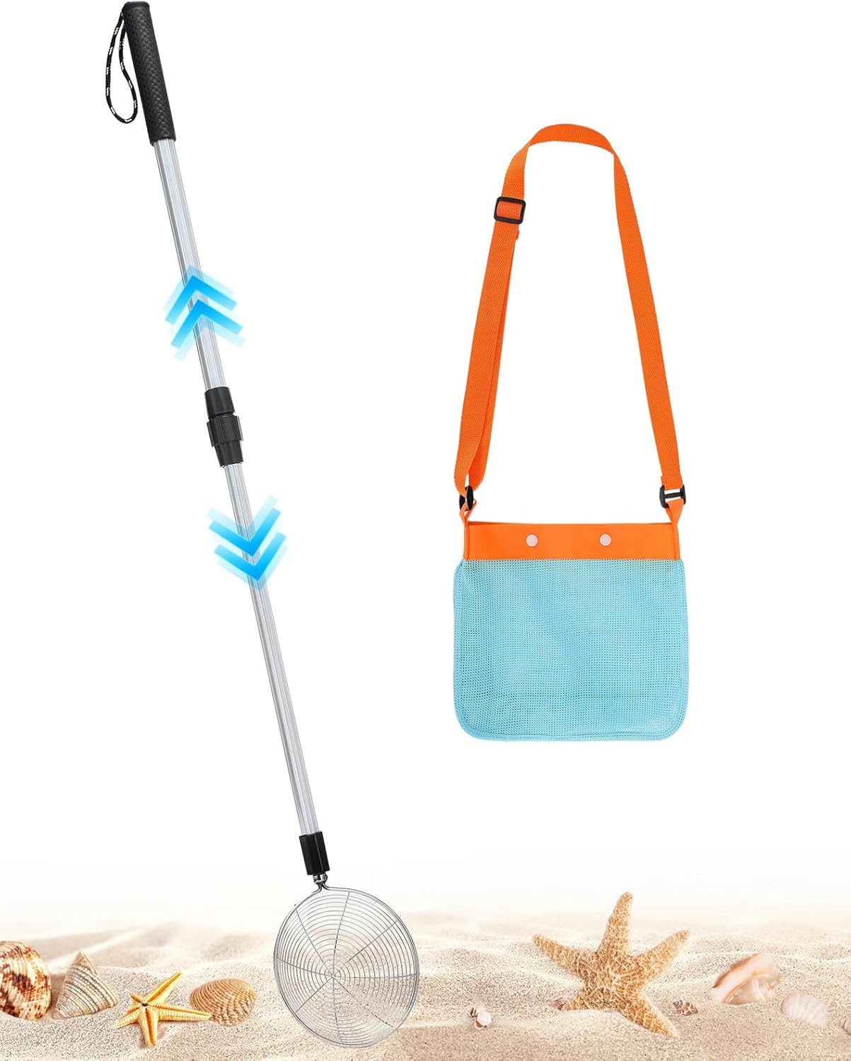 2 Pack Sand Sifter with Seashell Bags - 21.6"~33" Adjustable Shark Tooth Sifter for The Beach Seashell Collecting, Mesh Shovel Scooper with Retractable Handle, Beach Toys for Adults Family Kids
